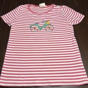Mini Boden Girls Pink White Stripe Embroidered Bicycle Tee Shirt Sz 8–10Y *Flaws